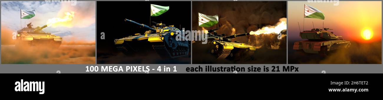 Concetto militare di Gibuti - 4 immagini di alto dettaglio di serbatoio con disegno immaginario con bandiera di Gibuti e posto libero per il tuo testo, illustrazione militare 3D Foto Stock