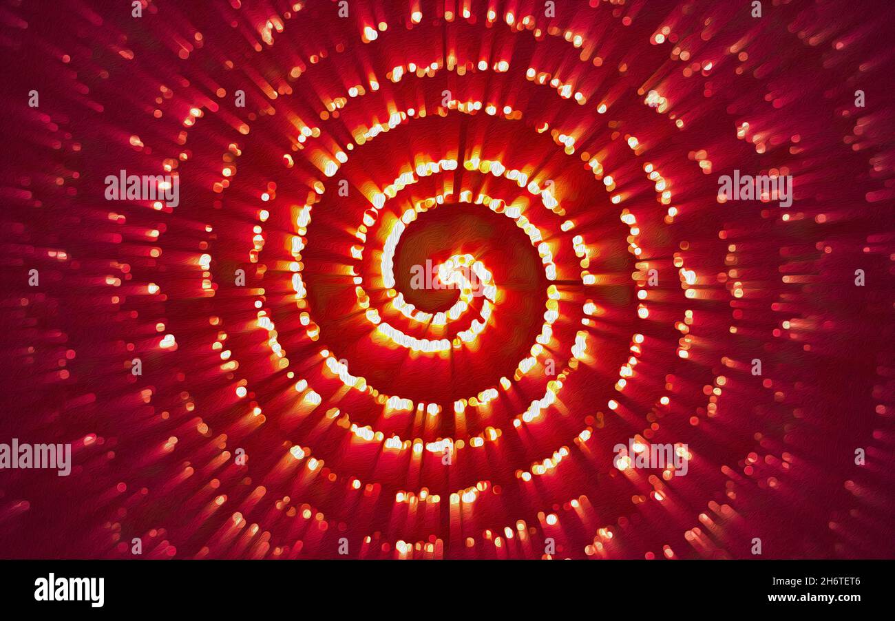 Sfondo rosso frattale astratto con cerchi incrociati. Raggi rossi e luci cadono in un imbuto circolare Foto Stock