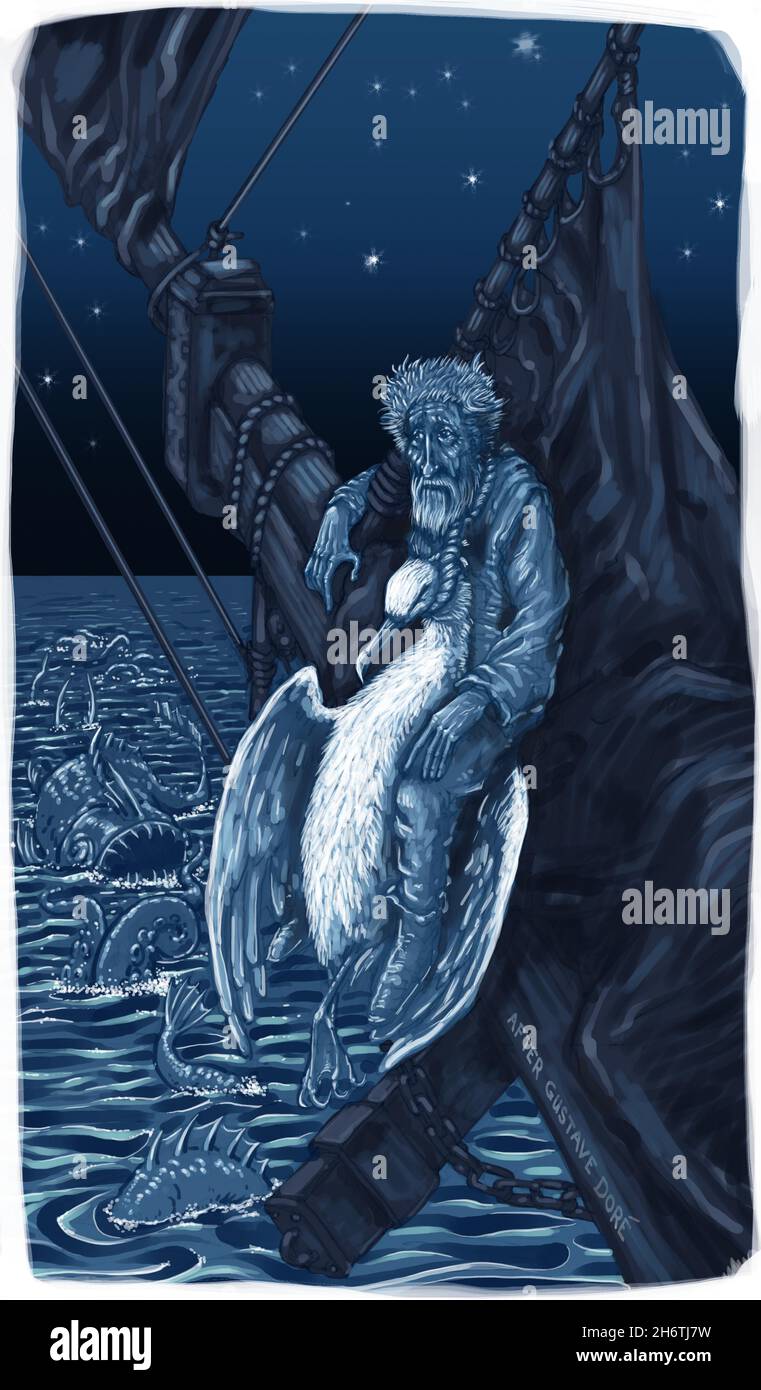 Illustrazione d'arte ispirata alla Rime of the Ancient Mariner di Coleridge l'immagine di un uomo con un albatross intorno al collo come diventare un idioma per la colpa Foto Stock