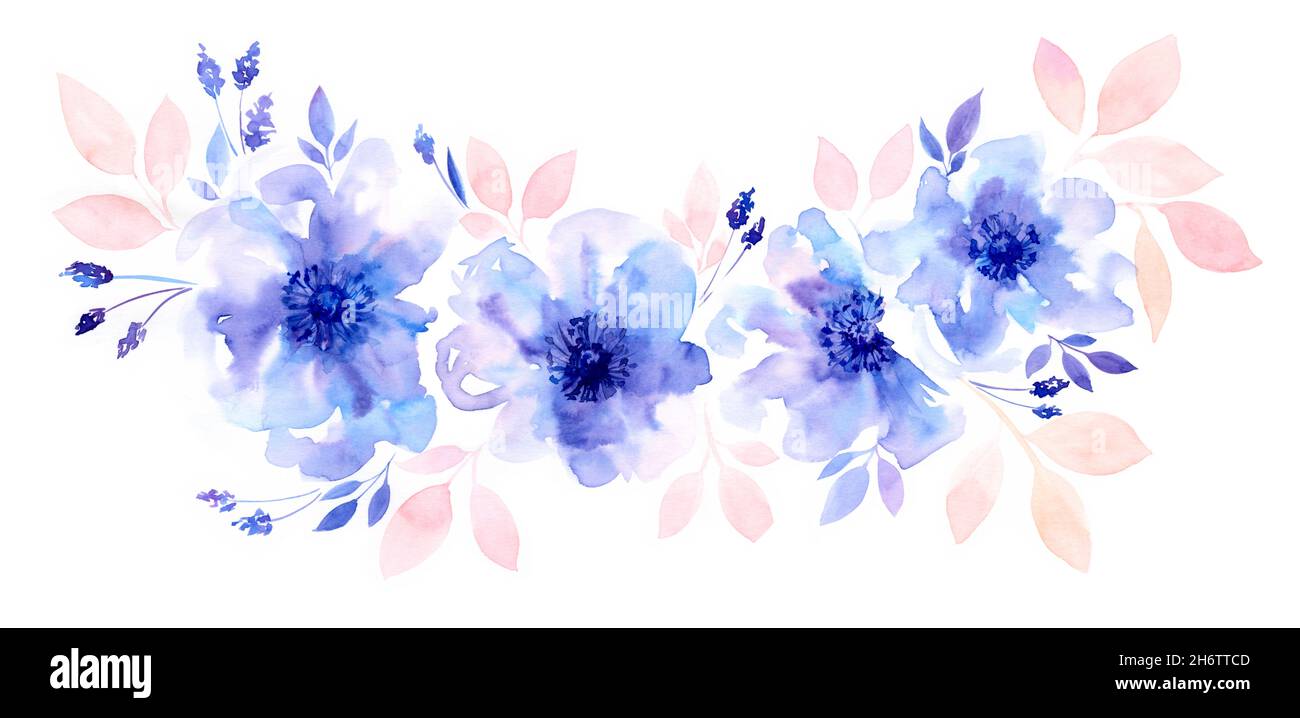 Disposizione floreale acquerello. Garland di fiore blu trasparente e foglie rosa. Design isolato dipinto a mano. Illustrazione botanica per il matrimonio Foto Stock