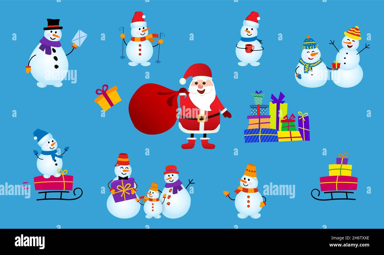 Set di uomo di neve indossare un tema invernale e babbo natale con una borsa di regali. Illustrazione vettoriale su sfondo blu. Illustrazione Vettoriale