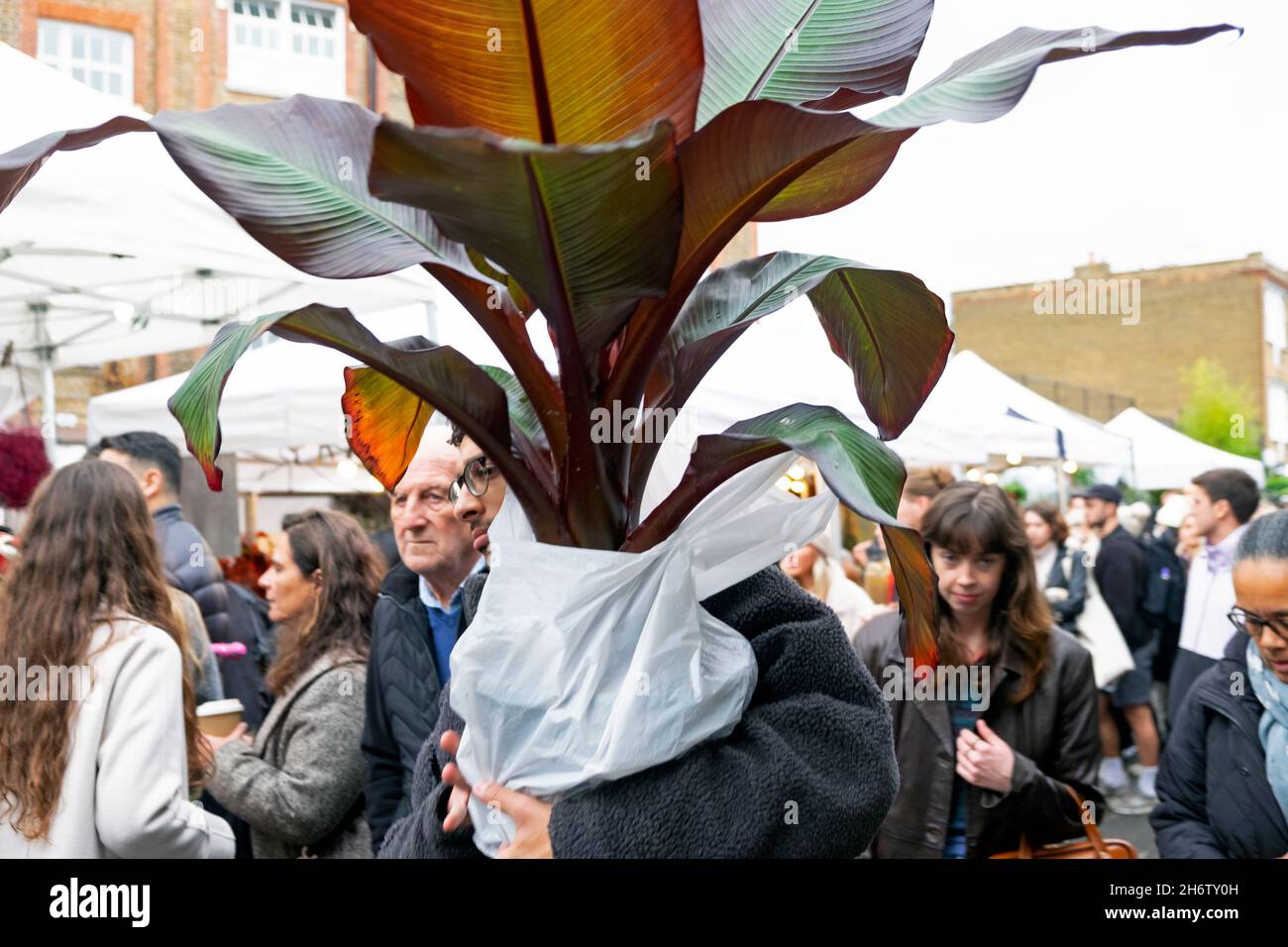Columbia Road Flower Market persone che acquistano piante fiori in strada al mercato bancarelle Domenica nel novembre 2021 East London UK KATHY DEWITT Foto Stock