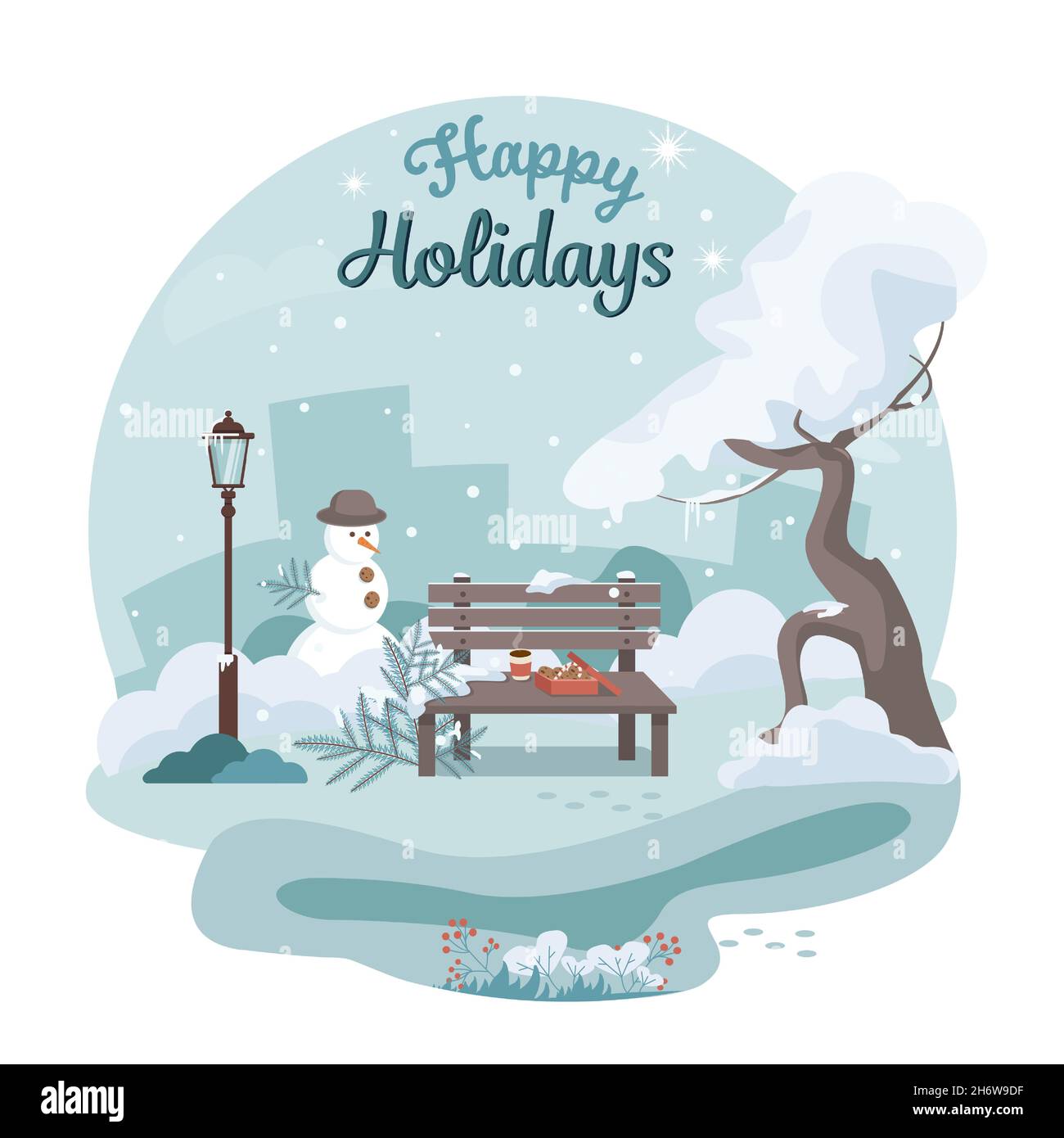 Bellissimo paesaggio invernale in cerchio. Panca con caffè caldo o tè e biscotti. Snowman e albero innevato sullo sfondo urbano. Parco cittadino. Illustrazione Vettoriale