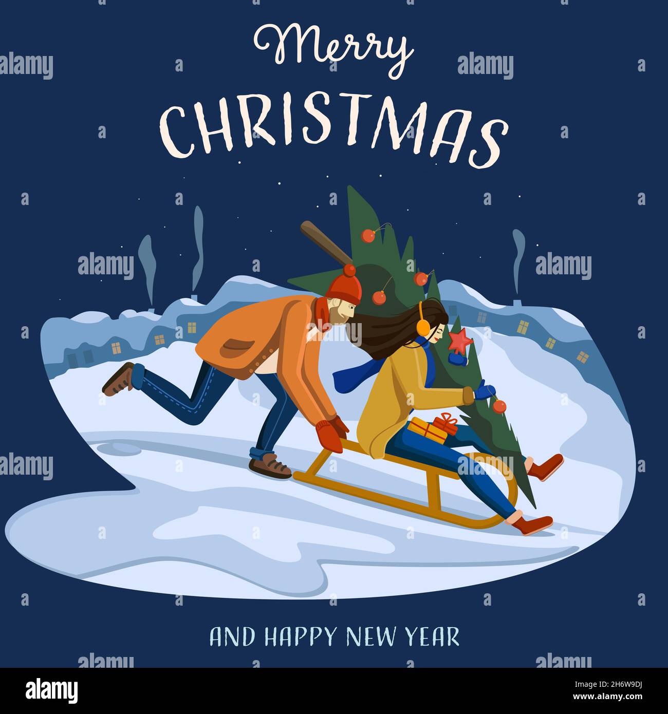 Un uomo rotola una ragazza su una slitta con un albero di Natale e regali. Paesaggio invernale con case. Atmosfera festosa. Illustrazione vettoriale. Illustrazione Vettoriale
