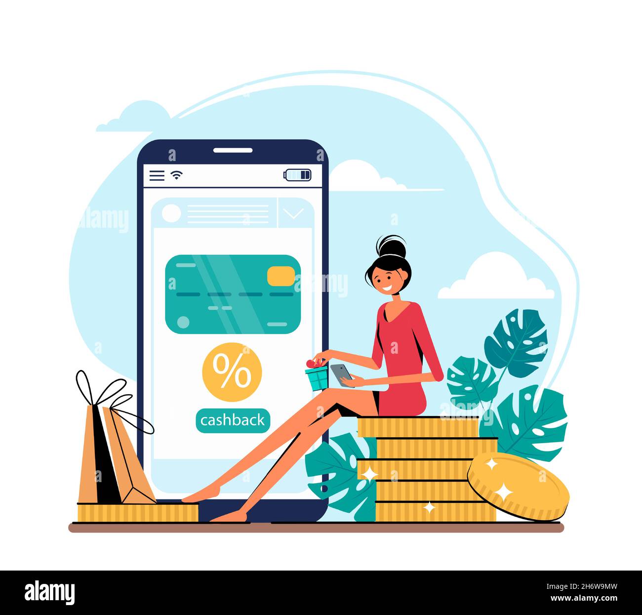 Concetto di cashback - donna con smartphone, borse e monete, smartphone con carta di credito su di esso. Illustrazione vettoriale in stile piatto. Illustrazione Vettoriale