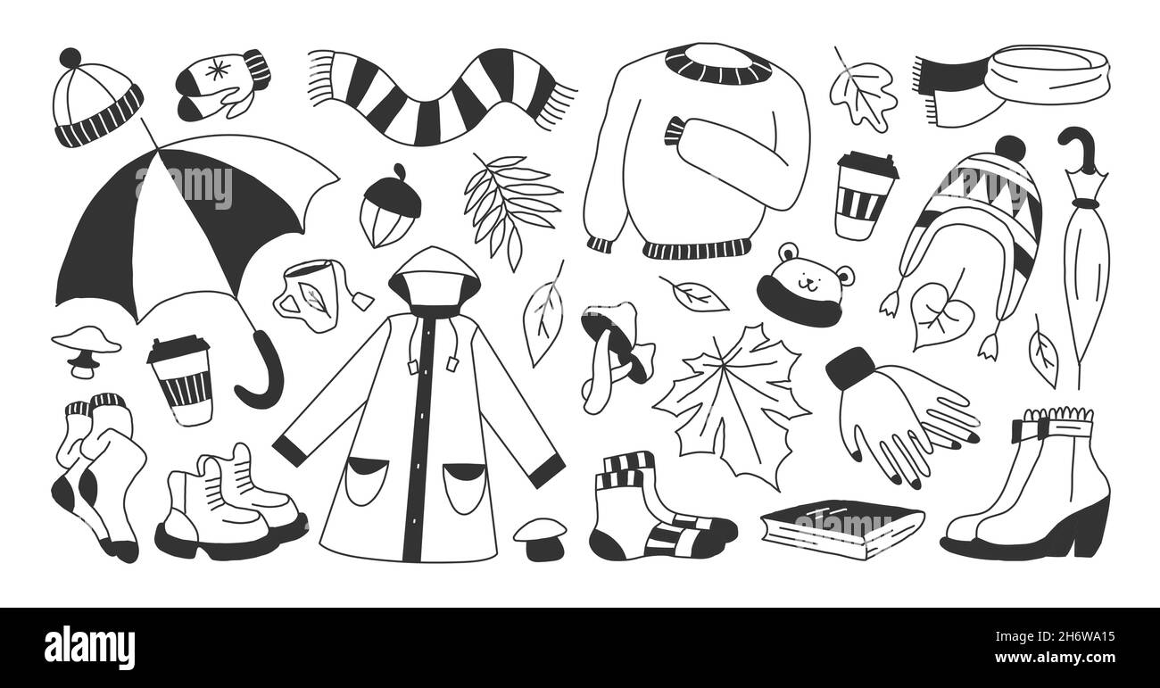 set di icone che simboleggiano l'autunno, stile cartoon luminoso, illustrazione vettoriale. Illustrazione Vettoriale