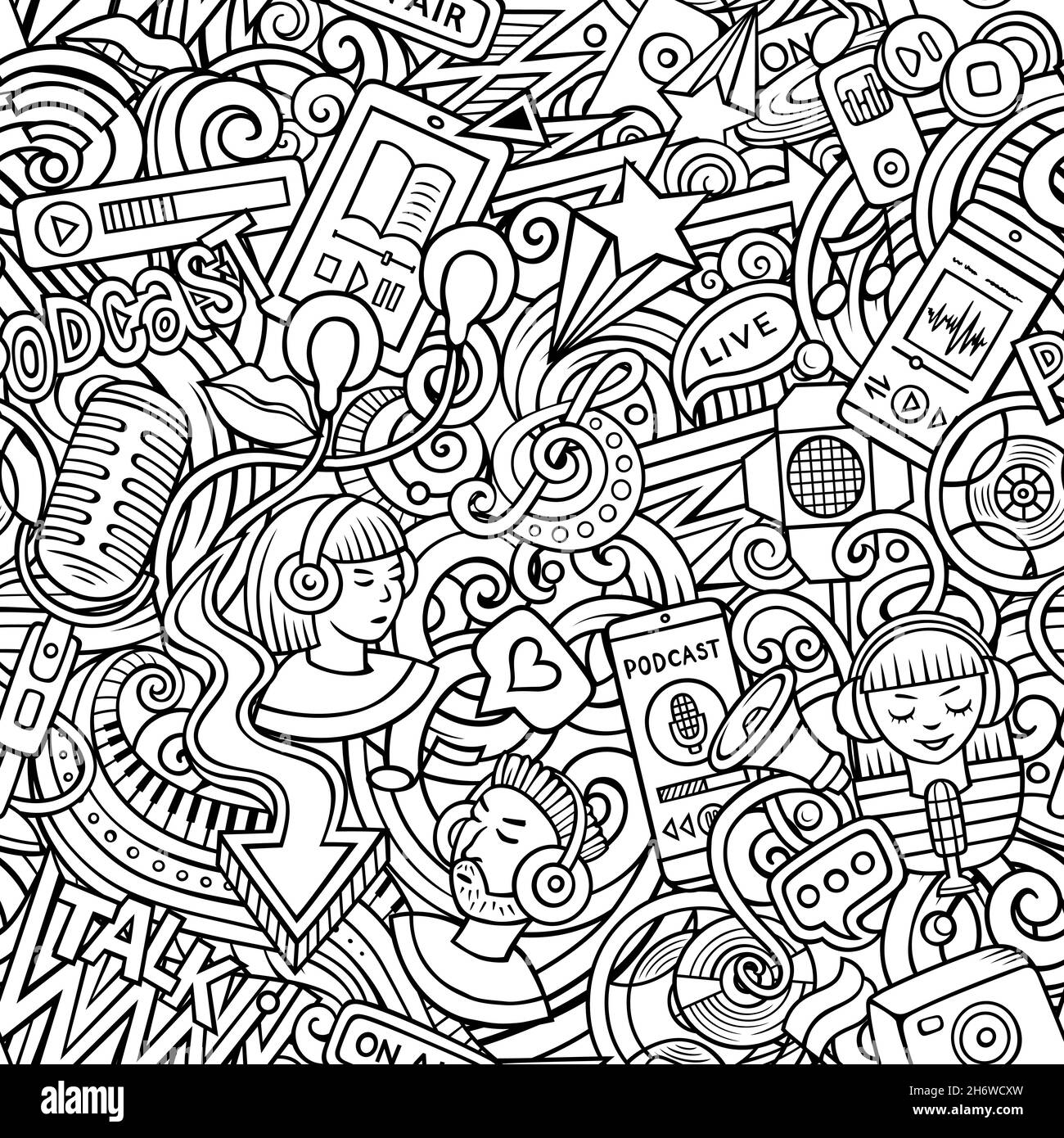 Cartoon Doodles contenuto audio pattern senza interruzioni. Sfondo con podcast e audiolibri, simboli ed elementi. Fondo di schizzo per stampa su tessuto, texti Illustrazione Vettoriale