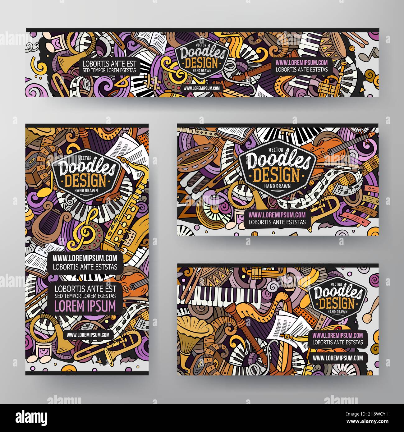 Set di fumetti vettoriali per fumetti di modelli di identità aziendali di Music Classic. Banner divertenti colorati, carte d'identità, flayer per l'uso sul branding, inviti Illustrazione Vettoriale