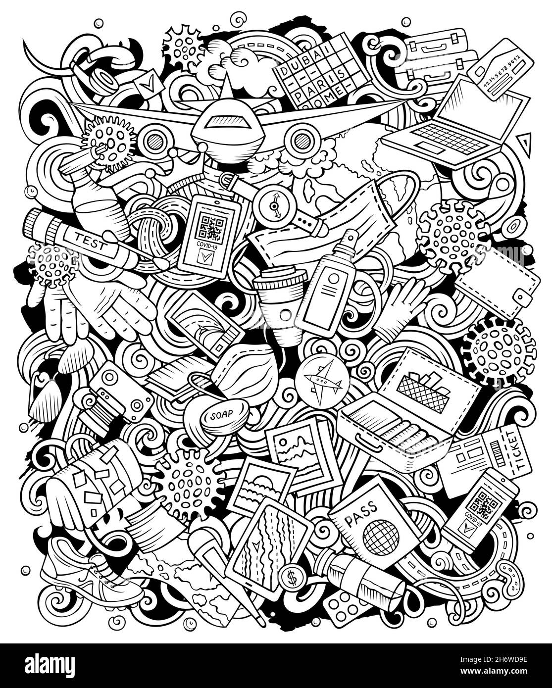 Pianificazione del viaggio cartoon vettore Doodles illustrazione. Design poster in viaggio. Nuovi elementi di realtà e sfondo di oggetti. Immagine divertente di schizzo. Tutto Illustrazione Vettoriale