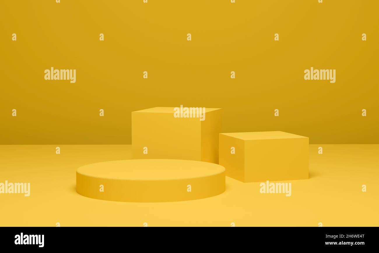 Sfondo cilindrico scena minimale piattaforma geometrica, piedistallo giallo podio per la pubblicità display. Rendering 3D. Foto Stock