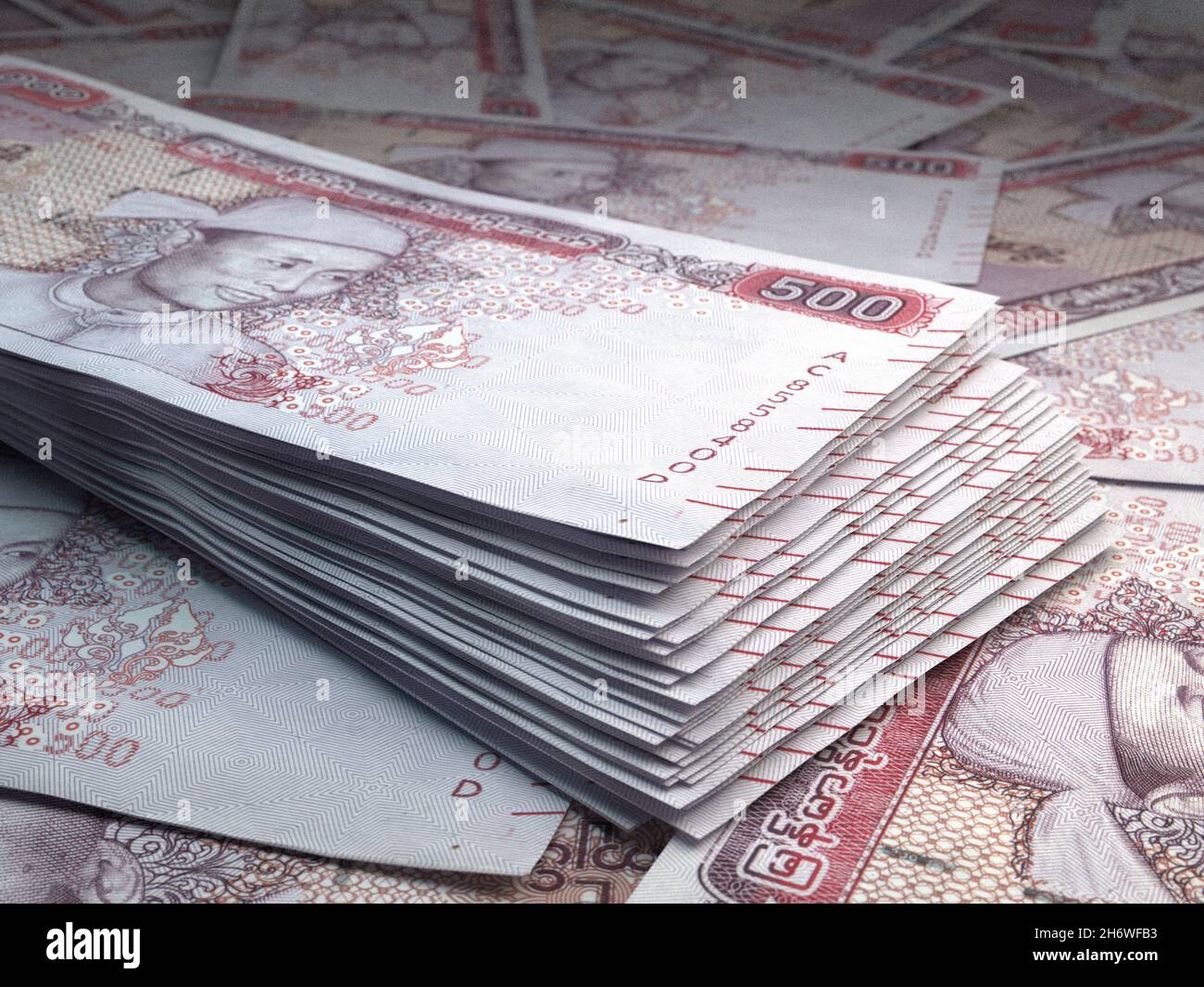 Denaro di Myanmar. Kyat fatture. Banconote MM3. 500 birmano. Affari, finanza, notizie di background. illustrazione 3d. Foto Stock