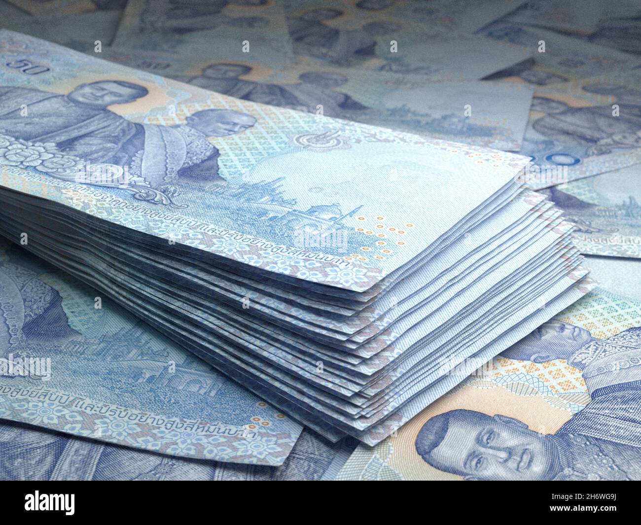 Denaro della Thailandia. Baht thailandese fatture. Banconote THB. 50 bahts. Affari, finanza, notizie di background. illustrazione 3d. Foto Stock