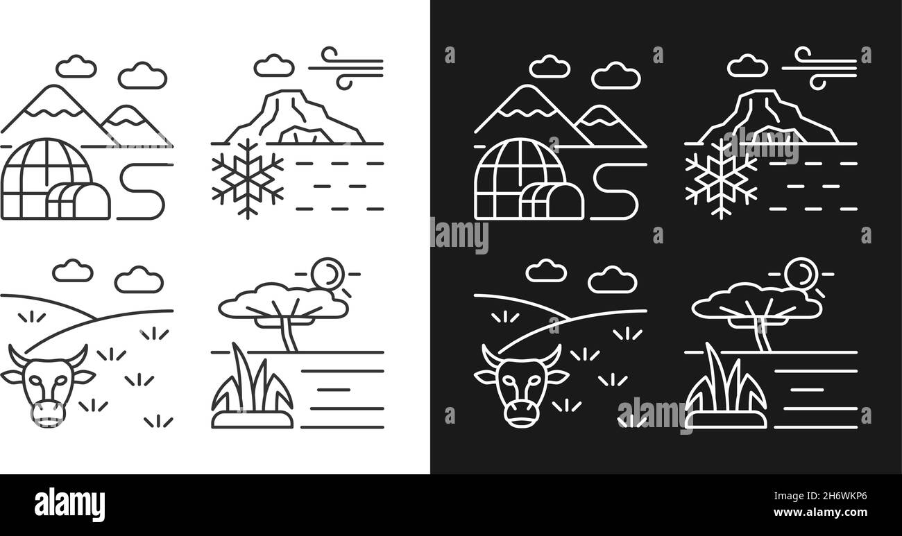 Icone lineari delle zone climatiche impostate per la modalità buio e luce Illustrazione Vettoriale