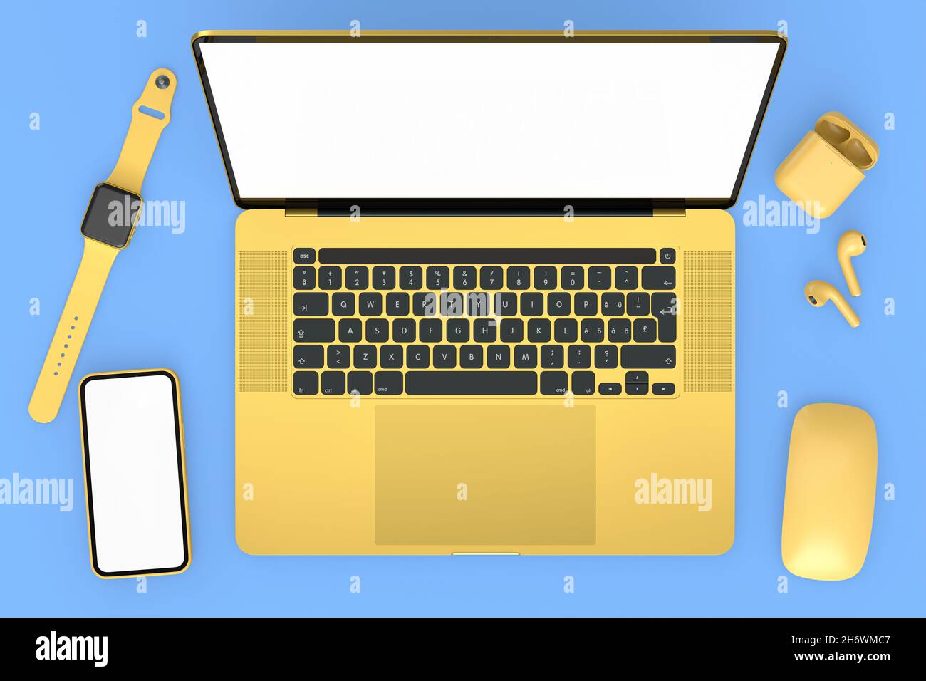 Vista dall'alto di un computer portatile in alluminio con tastiera, mouse, smartwatch, telefono e cuffie su sfondo blu. Il concetto di rendering 3D degli strumenti di progettazione creativa Foto Stock