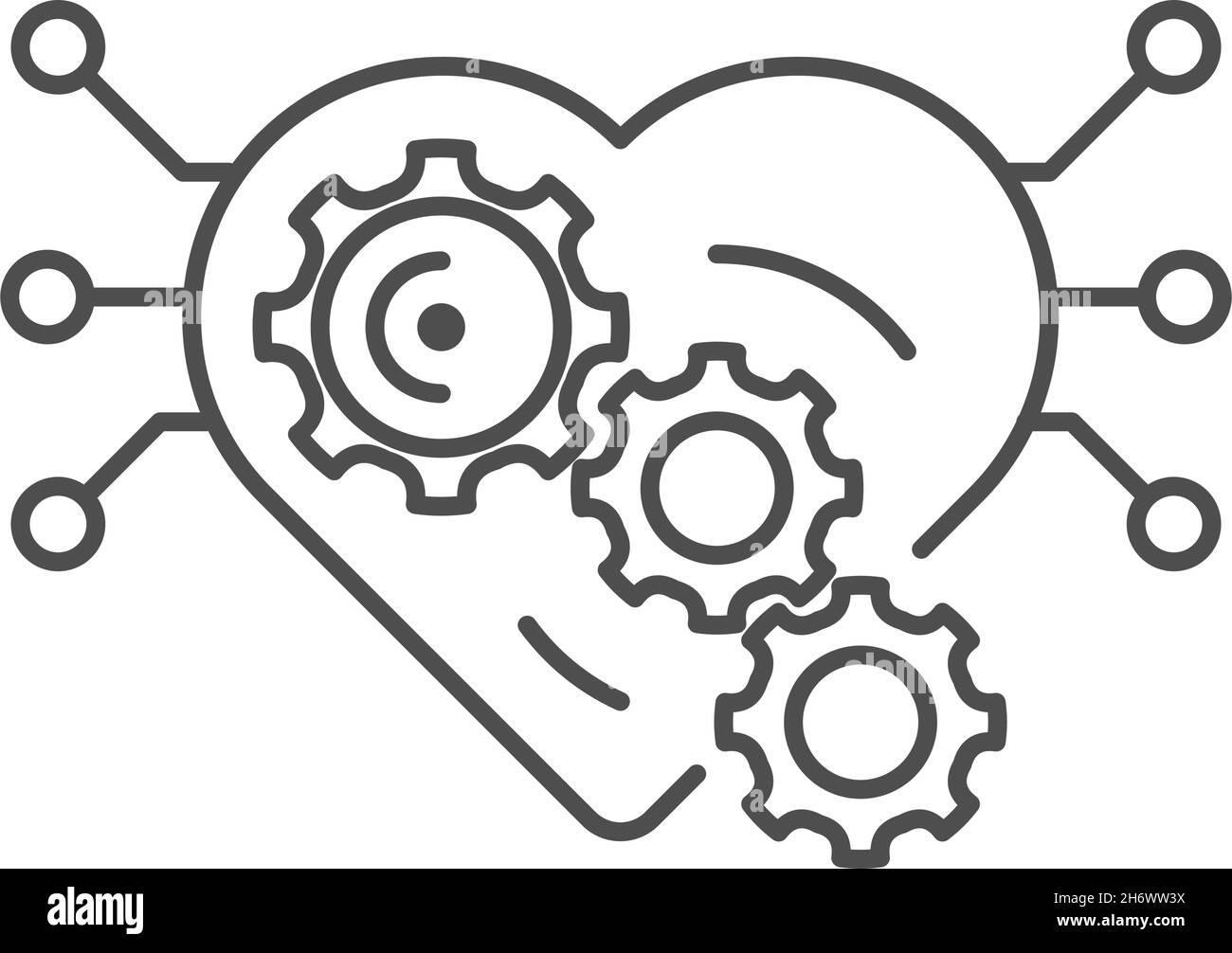 Cuore con ingranaggi. Icona linea sottile contorno. Isolato su sfondo bianco. Illustrazione Vettoriale