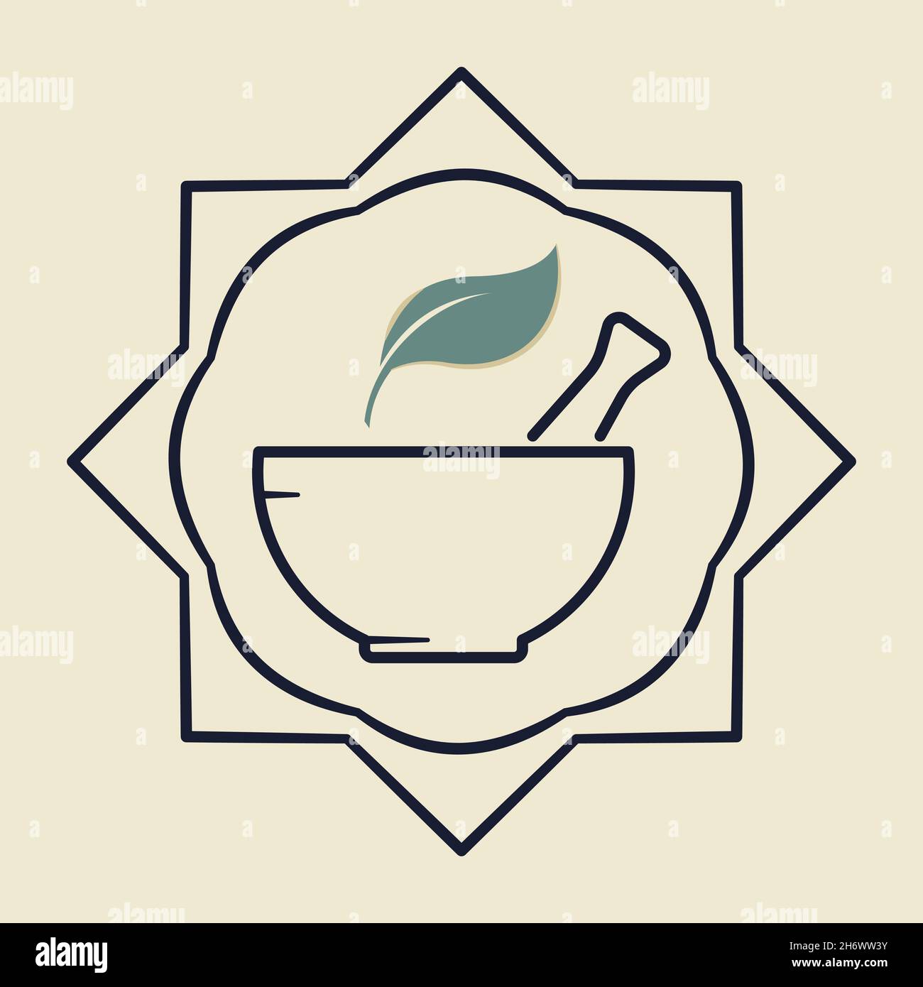 Mortaio e pestello con foglia. Medicina alternativa Ayurveda concetto. Illustrazione in stile piatto. Illustrazione Vettoriale