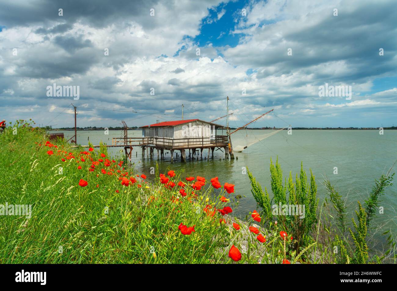 Trabucchi nella laguna di Comacchio Foto Stock