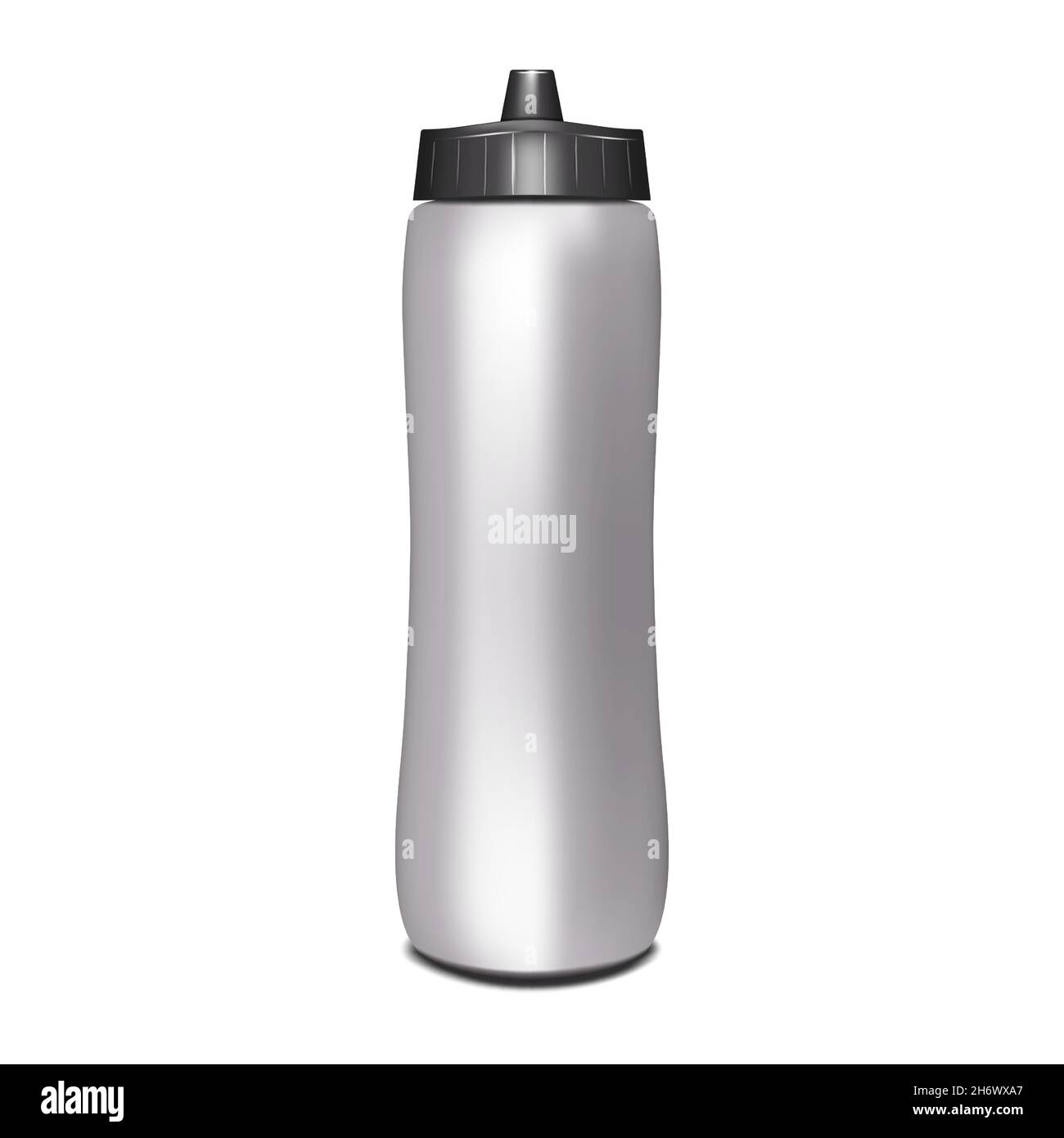 Bottiglia d'acqua isolata grigio argento con tappo nero. Mockup vettoriale realistico. Mock-up matraccio sportivo vuoto Illustrazione Vettoriale