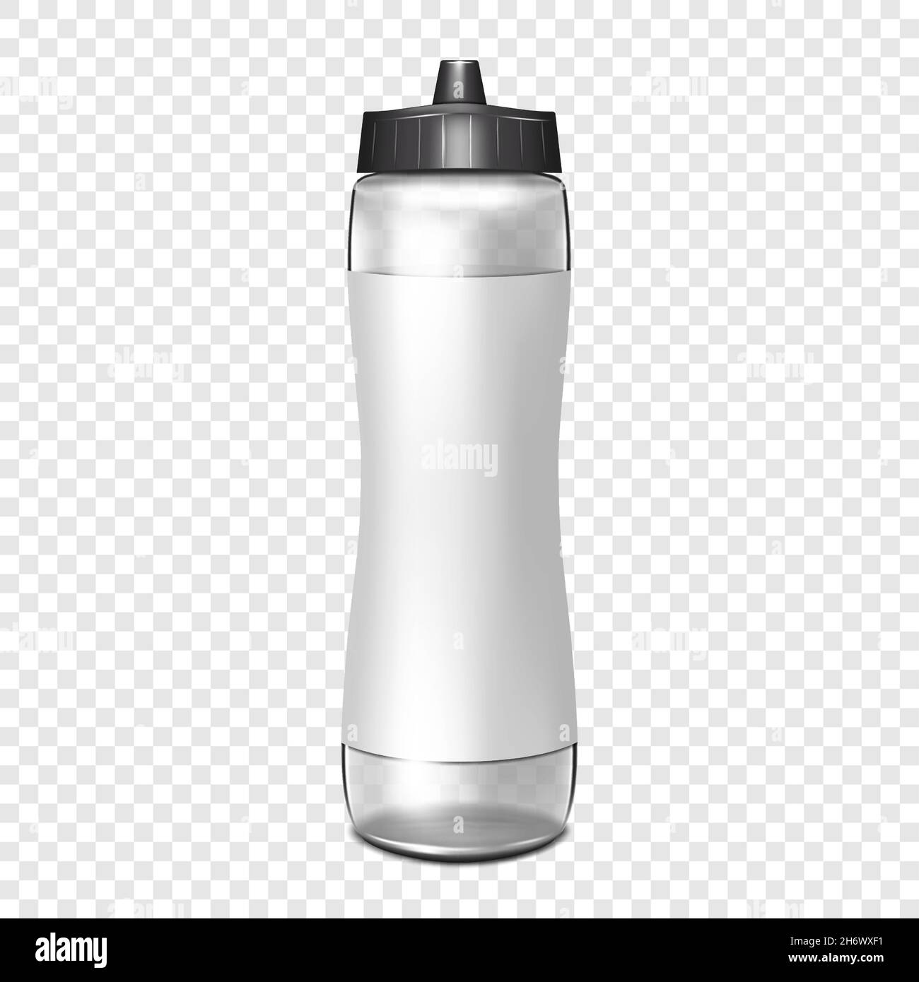 Bottiglia d'acqua trasparente con etichetta bianca vuota su sfondo trasparente. Mockup vettoriale. Mock-up matraccio vuoto per sport fitness Illustrazione Vettoriale