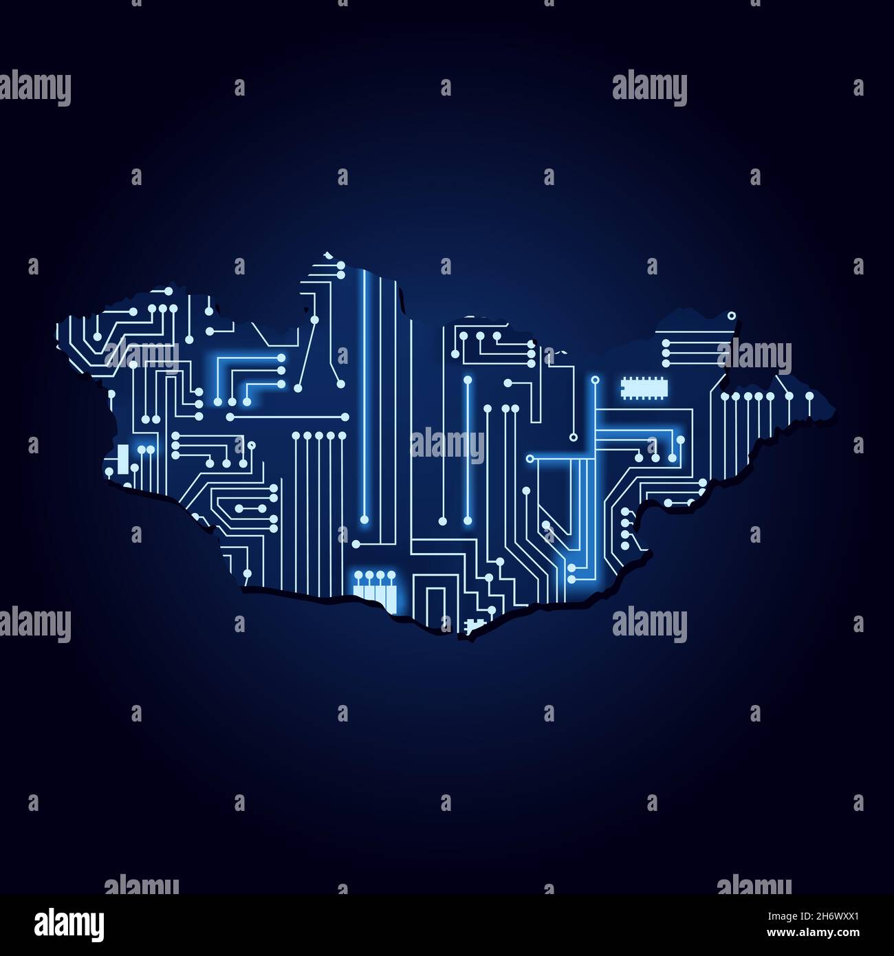 Mappa del contorno della Mongolia con circuito elettronico tecnologico. Illustrazione Vettoriale