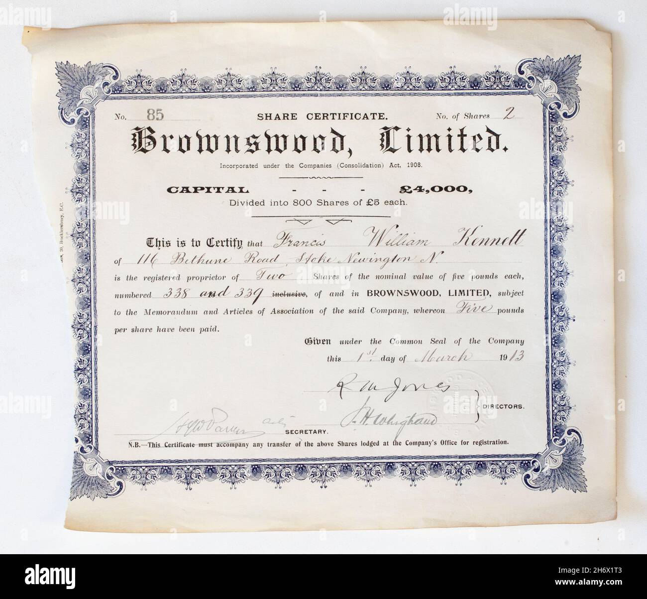 1913 certificato di condivisione aziendale Foto Stock