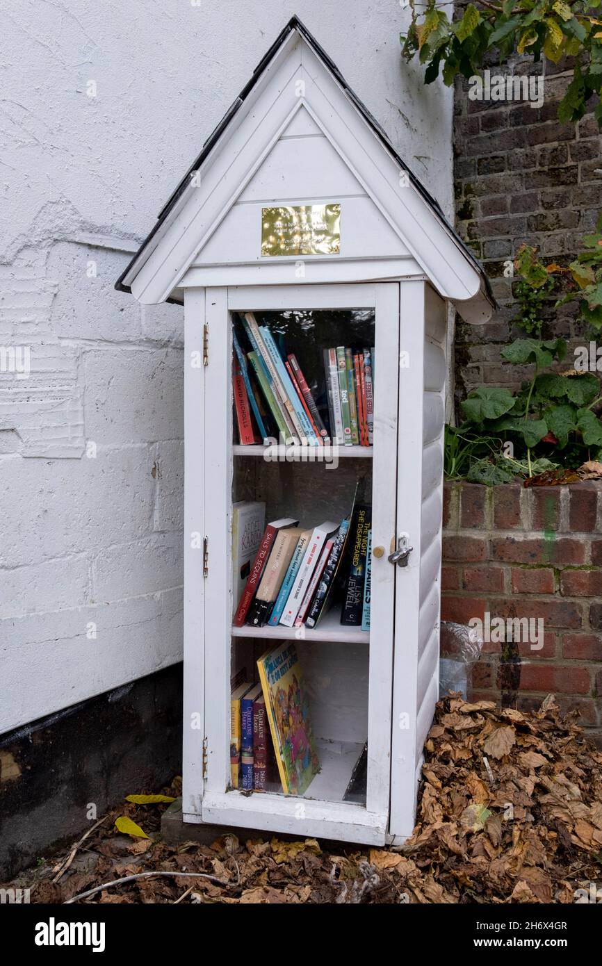 Nella memoria amorevole di una signora locale chiamata Irene Huntley, libri gratuiti sono contenuti all'interno di un rifugio in legno, una piccola biblioteca comunitaria in un angolo del quartiere sud di Londra di Lambeth, il 18 novembre 2021, a Londra, Inghilterra. Foto Stock