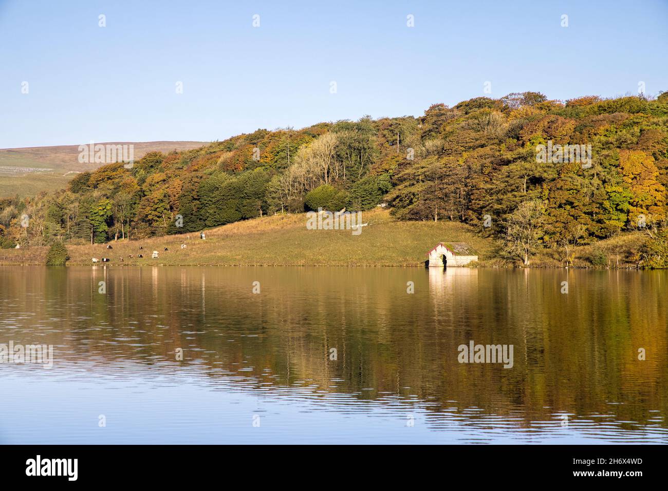 Boathouse a Malham Tarn, un lago di Marl di montagna, Yorkshire Dales, Regno Unito Foto Stock
