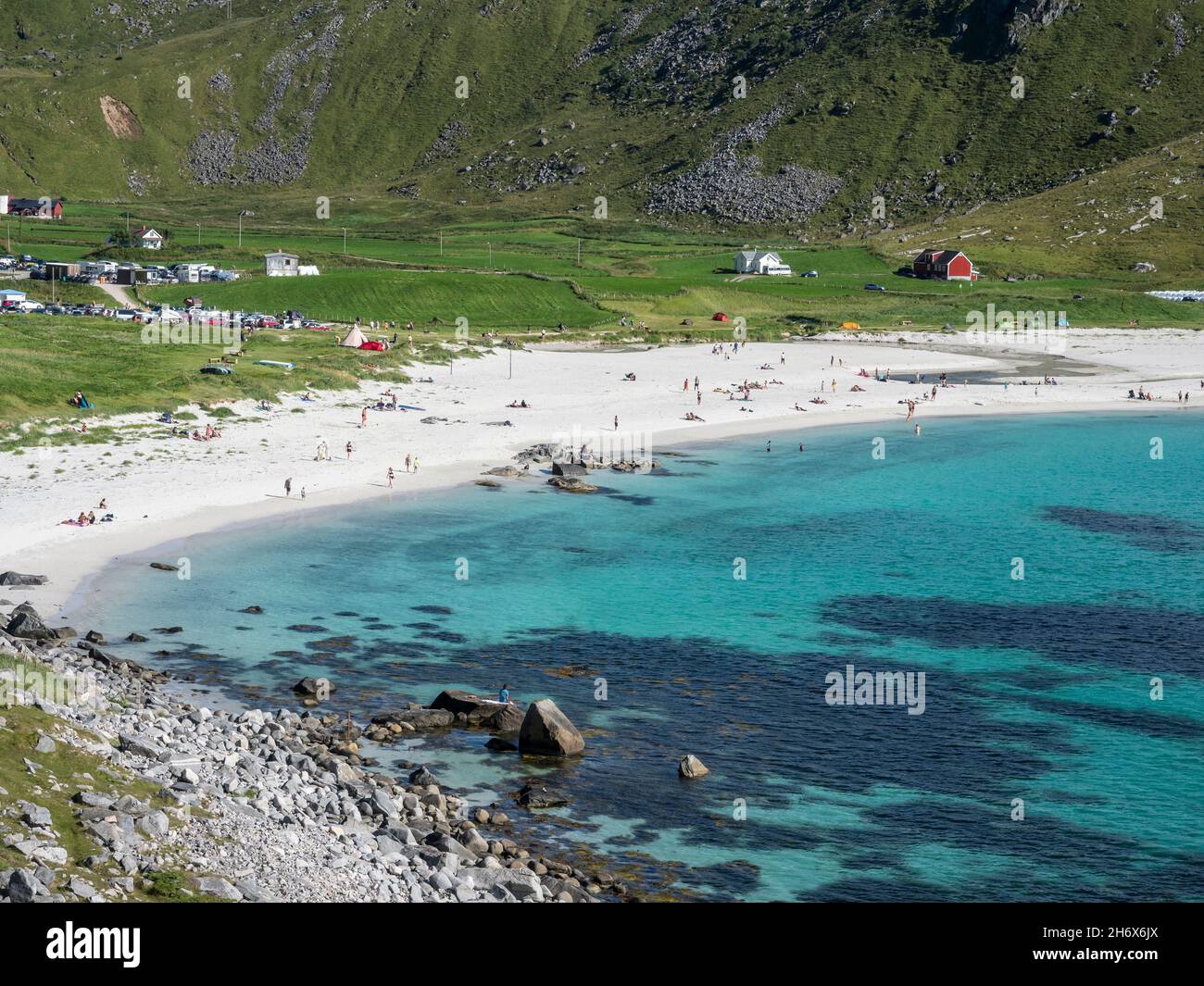 Hauklandstranda, Haukland spiaggia, spiaggia sabbiosa, isola di Vestvagöy, Lofoten, Norvegia Foto Stock