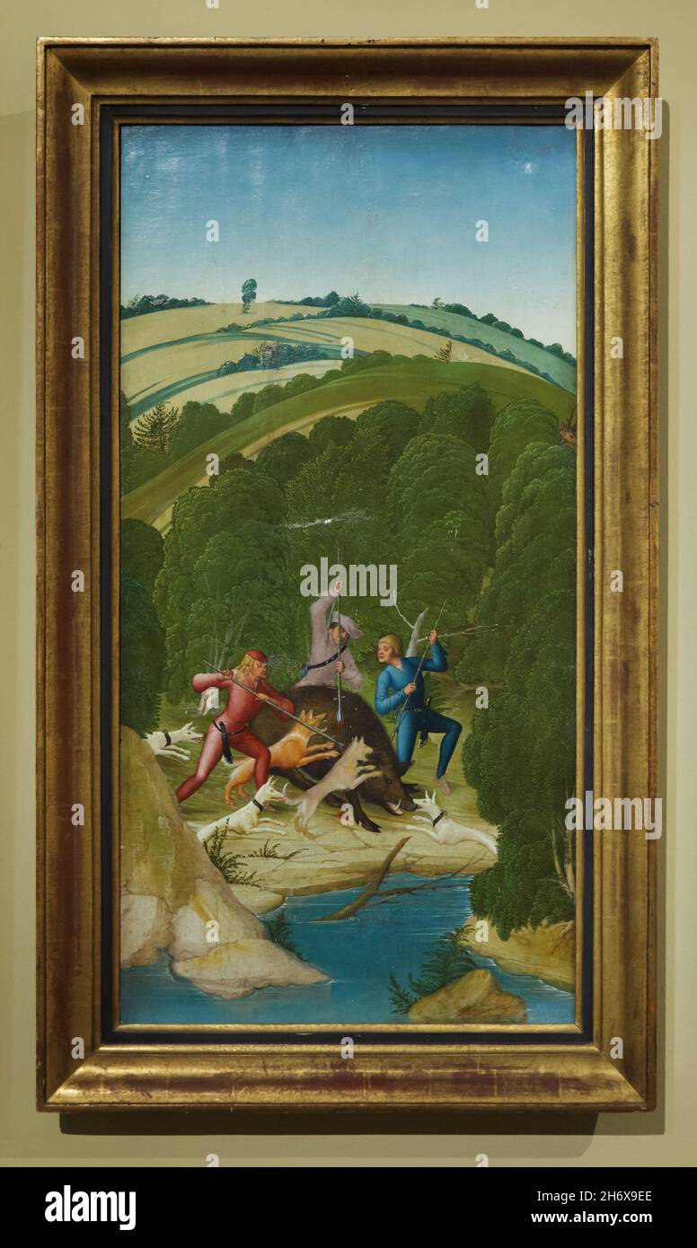 Dipinto "Boar Hunt" dall'altare di San Leopoldo del pittore rinascimentale tedesco Rueland Frueauf il giovane (1505) in mostra presso la mostra speciale del Museo Belvedere di Vienna, Austria. La mostra intitolata 'l'età di Dürer' e dedicata all'Austria alla porta del Rinascimento si svolge fino al 22 gennaio 2022. Foto Stock