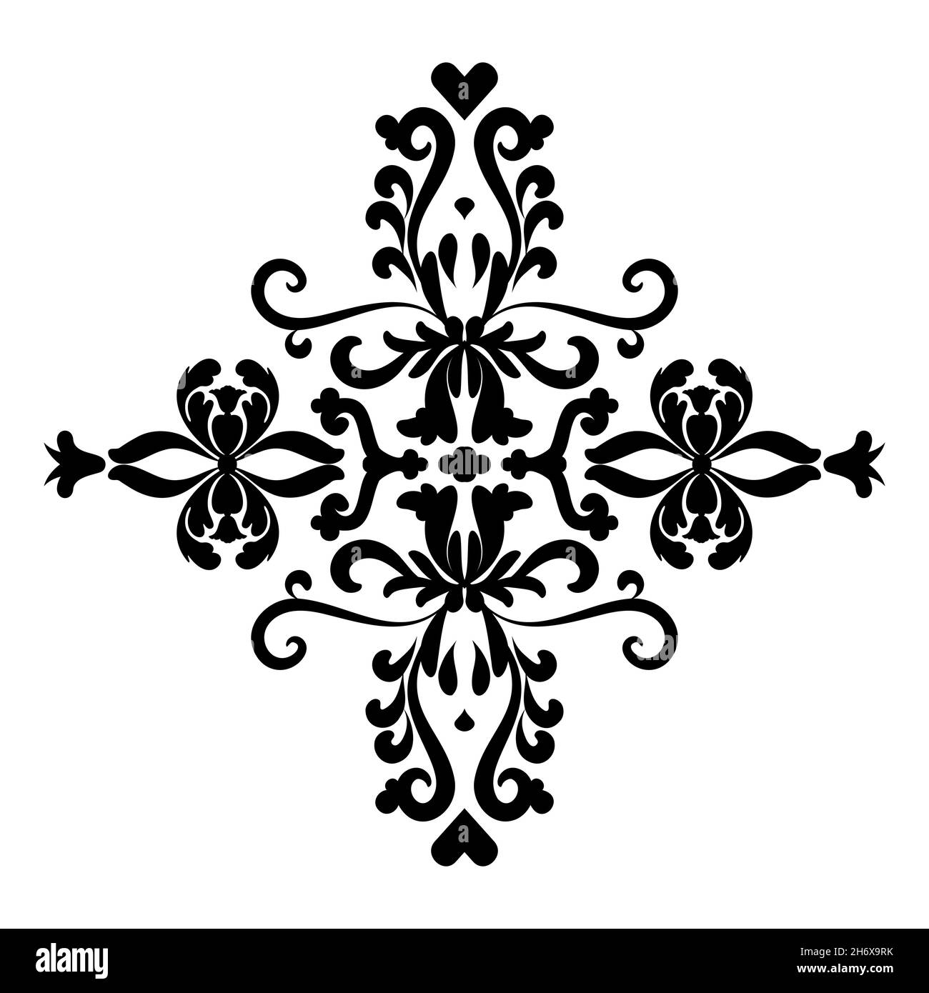 Modello di damasche vettoriale orientale vintage. Bianco e nero. Per stencil Tattoo marquetria laser taglio e stampe. Illustrazione Vettoriale