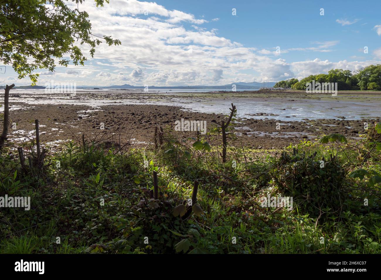 Vista dal sentiero costiero di Fife a Dalgety Bay sul Firth of Forth fino alla costa Lothiana oltre. Foto Stock