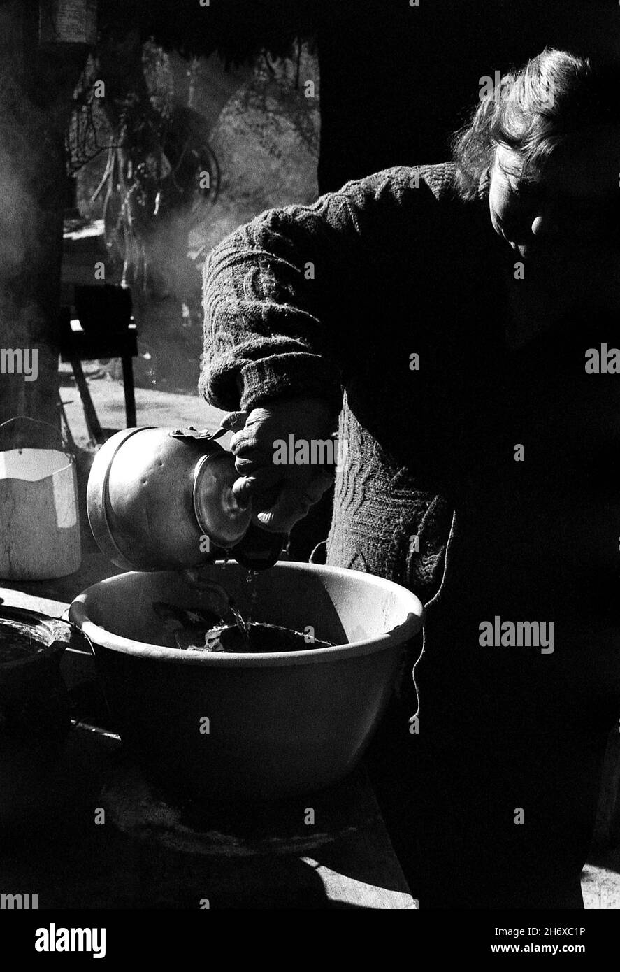Una donna prepara un pollo per cucinare. L'acqua bollita rende facile togliere le piume. VINAL Pozo, Santiago del Estero, Argentina. Giugno 2009. Foto Stock