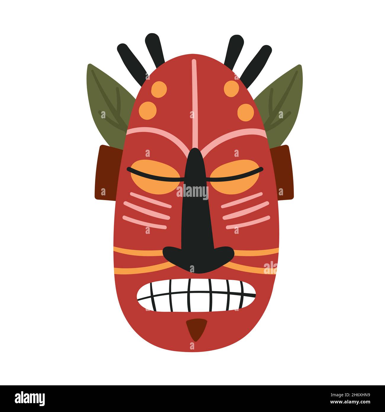 Tiki totem, hawaii maschera esotico vettore illustrazione. Maschera cartoon, antico totem africano tradizionale in legno, decorazione mitologica isolato su bianco Illustrazione Vettoriale