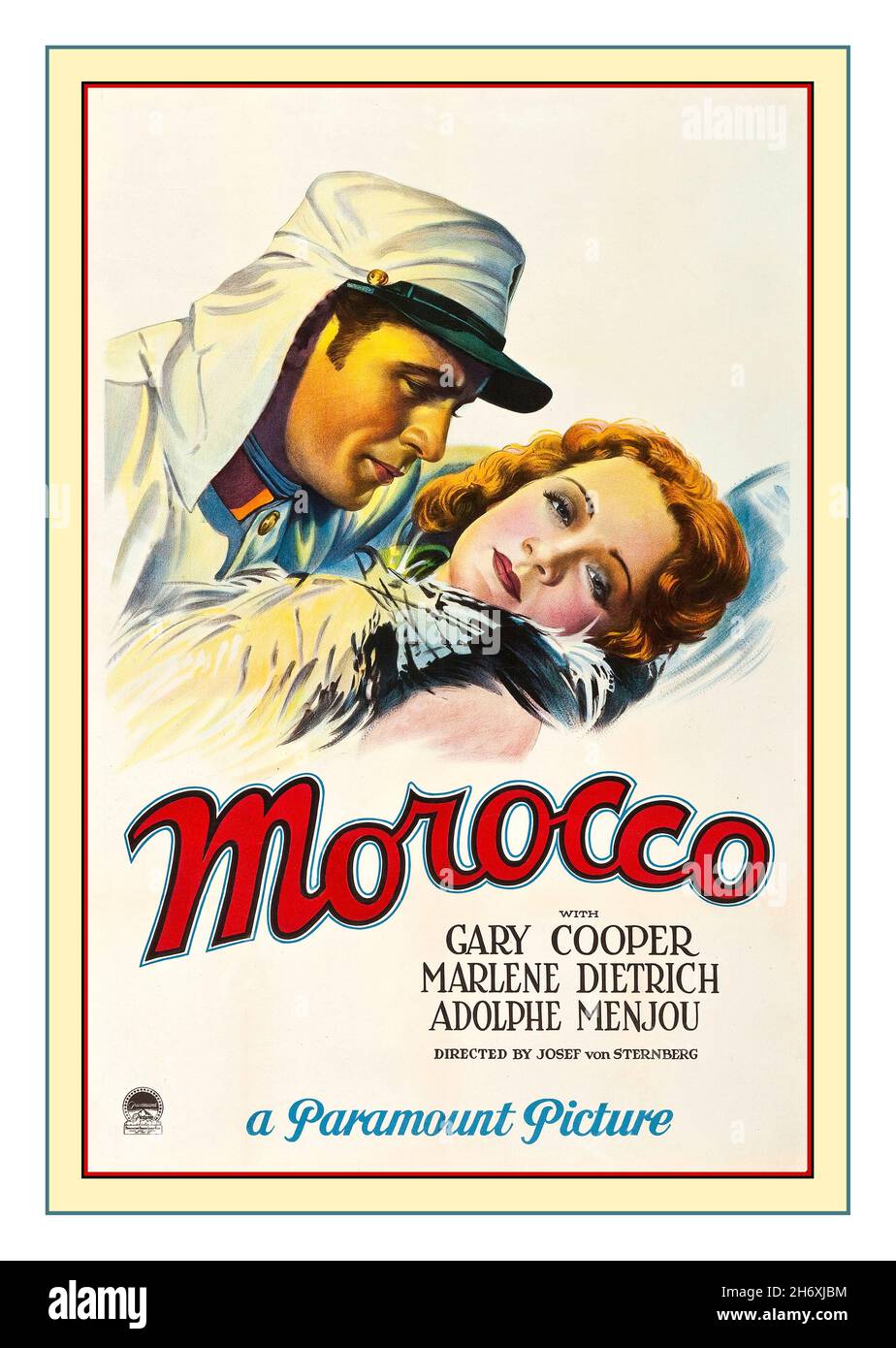 MAROCCO Vintage 1930 Film Movie Poster 'MOROCCO' con Gary Cooper Marlene Dietrich Adolphe Menjou di Paramont Pictures Marocco è un film drammatico romantico pre-codice americano del 1930 diretto da Josef von Sternberg e interpretato da Gary Cooper, Marlene Dietrich, e Adolphe Menjou. Distribuito da: Paramount Publix Corporation Starring: Gary Cooper; Marlene Dietrich; Cinematografia: Lee Garmes diretto da: Josef von Sternberg Foto Stock