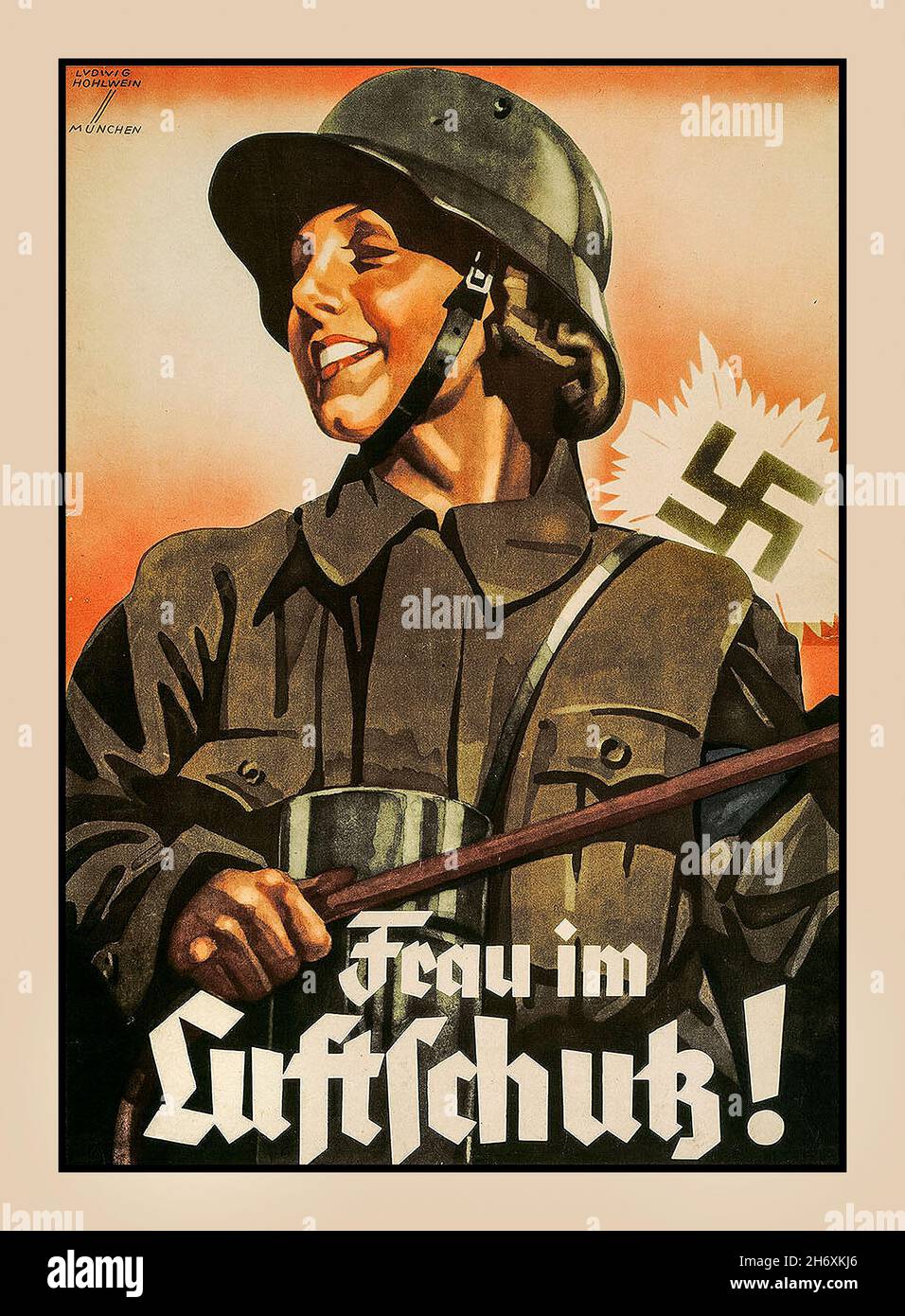 Poster di reclutamento di Propaganda nazista WW2 'Frau im Luftschutz' 'Donna in protezione raid aereo' con il sorgere del sole e la svastika emblema mondo Guerra II il Reichsluftschutzbund (RLB) (Lega nazionale per la protezione da RAID aereo) Era un'organizzazione in Germania nazista responsabile delle precauzioni di raid aereo nelle zone residenziali e tra le piccole imprese naziste Germania Poster di Ludwig Hohlwein Monaco seconda guerra mondiale Foto Stock