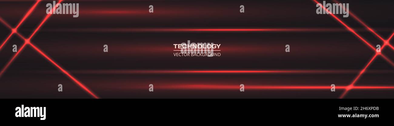 Sfondo vettoriale astratto TECH orizzontale nero con linee rosse al neon. Banner tecnologico con linee luminose rosse. Futuristico moderno tecnologico Illustrazione Vettoriale