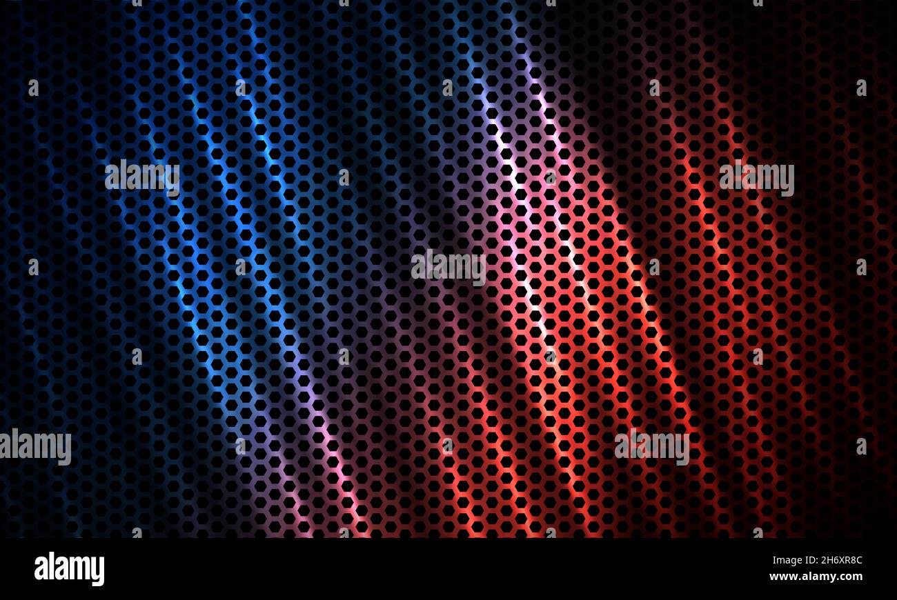Esagonale scuro TECH sfondo sportivo colorato con fibra di carbonio. Tecnologia sfondo vettoriale astratto a nido d'ape con flash luminoso di colore rosso e blu Illustrazione Vettoriale