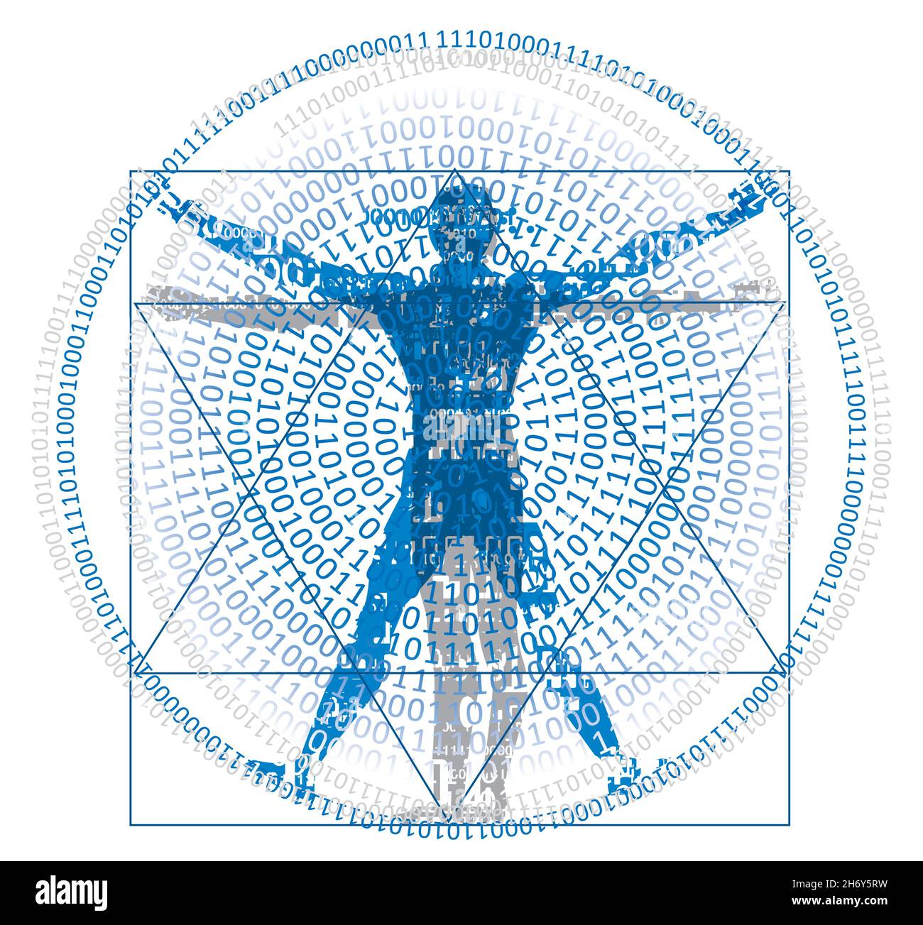 Uomo vitruviano con codice binario, concetto di età digitale.disegno stilizzato di uomo vitruviano con spirale di codici binari,sfondo bianco.Vector disponibile Illustrazione Vettoriale