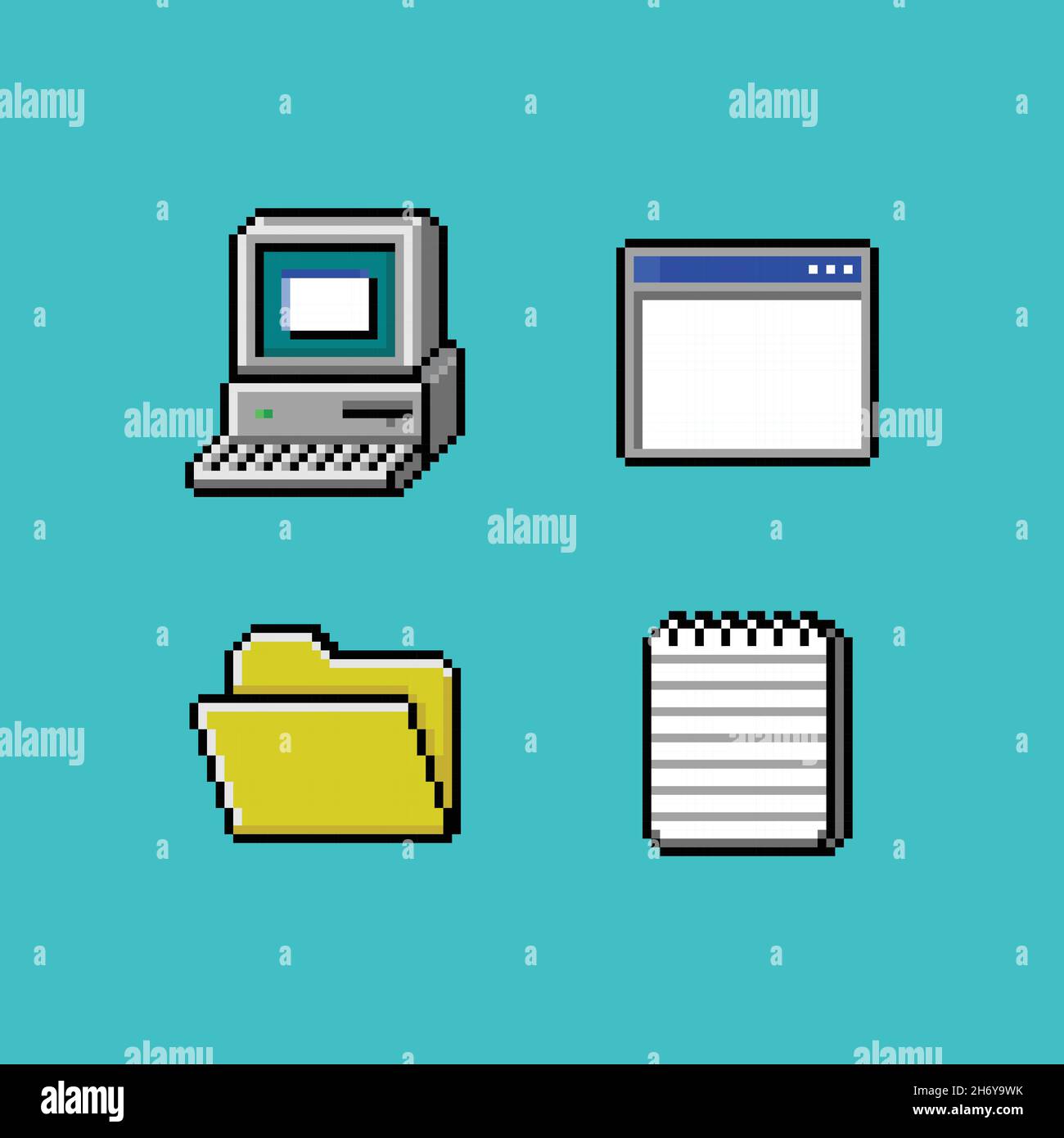 Vector pixel art retro computer monitor con tastiera, finestra di applicazione aperta, cartella di directory e blocco note file di testo programma di scelta rapida, icona a 8 bit Illustrazione Vettoriale