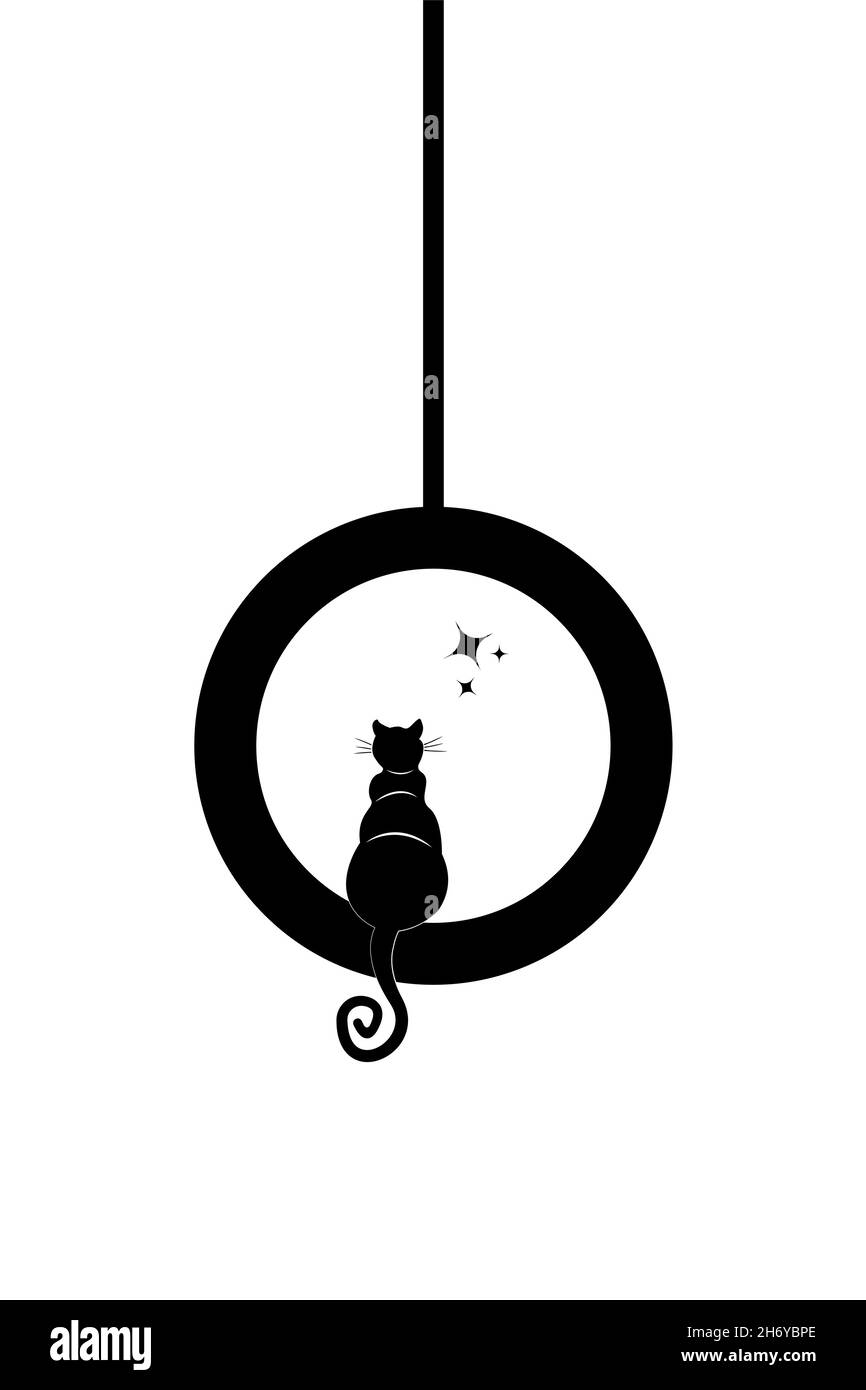Gatto nero con coda arricciata seduta sul swing a dare un'occhiata alle stelle, logo animale tatuaggio, illustrazione vettoriale su sfondo bianco Illustrazione Vettoriale