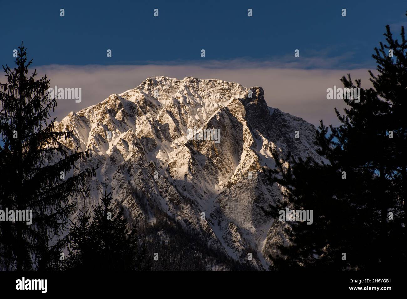 Montagne innevate tra pini con il sole pomeridiano delle Alpi svizzere. Europa. Foto Stock