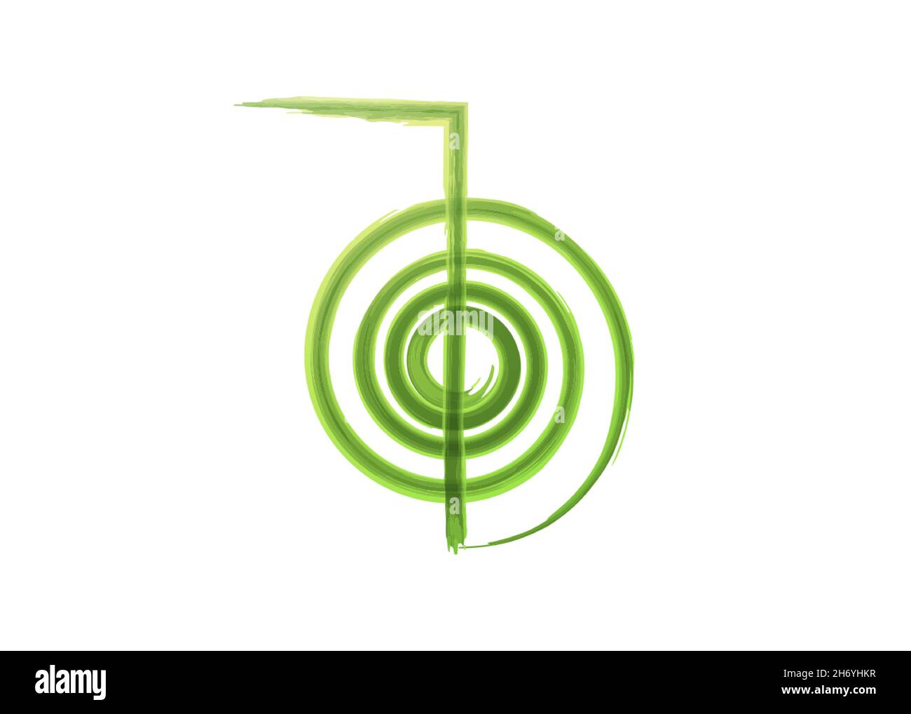 Reiki simbolo infografica acquerello icona, un segno sacro. Energia spirituale. Medicina alternativa. Spirale mistica esoterica, isolato vettore tatuaggio verde Illustrazione Vettoriale