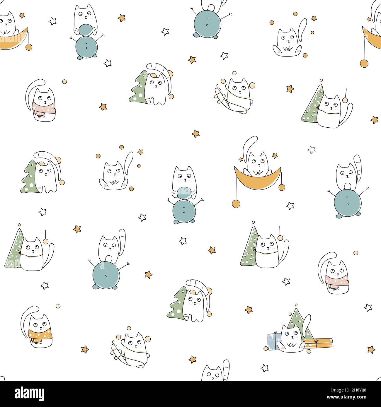 Modello senza cuciture di Natale. Divertente gatto doodle modello Foto Stock