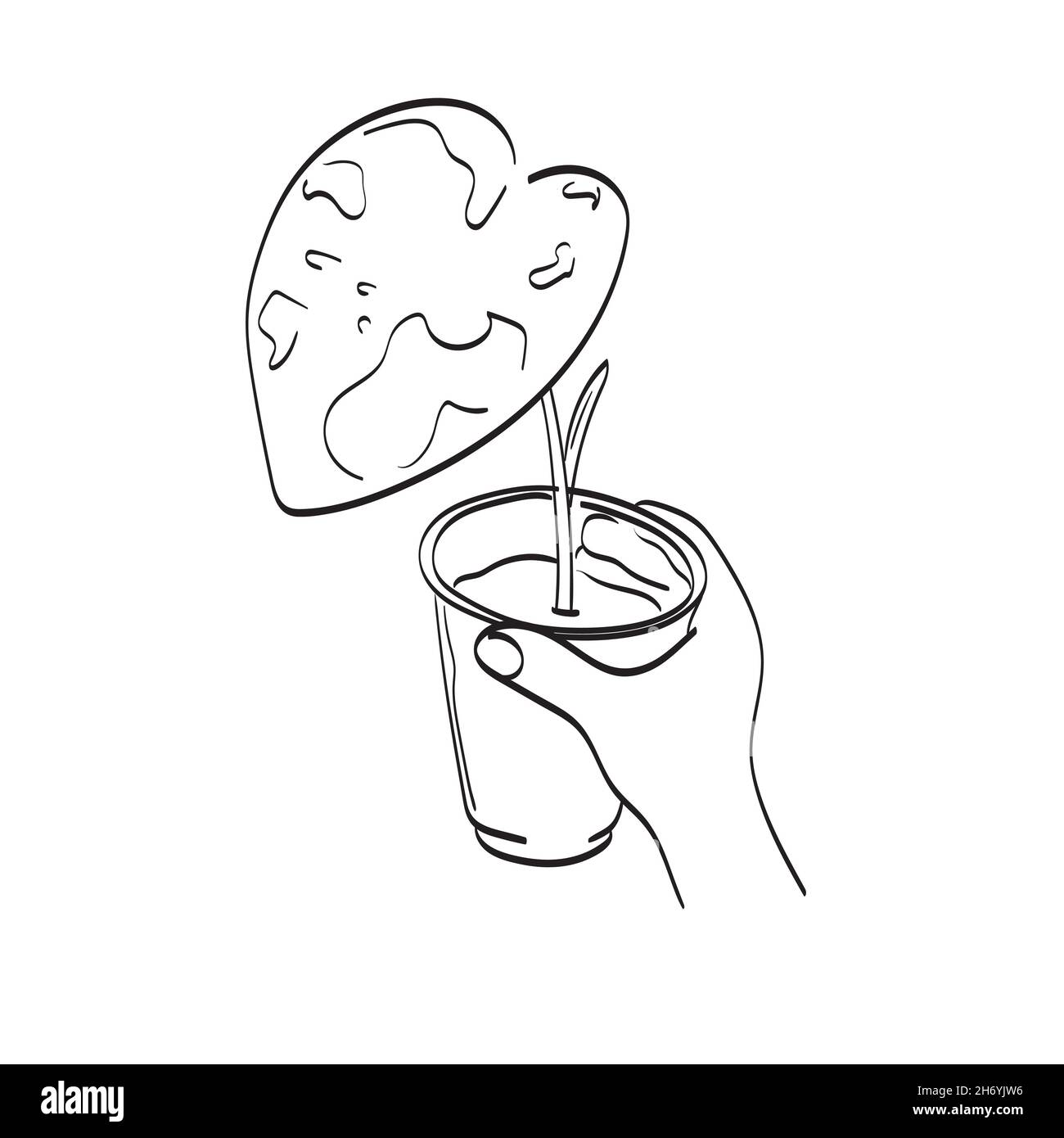 linea arte mano tenendo elefante pianta orecchio in vaso fiore vettore illustrazione isolato su sfondo bianco Illustrazione Vettoriale