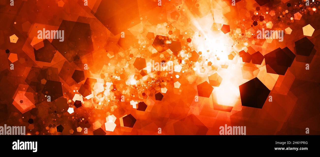 Fiery nebulosa incandescente nello spazio profondo con particelle del pentagono, generato dal computer sfondo astratto, rendering 3D Foto Stock
