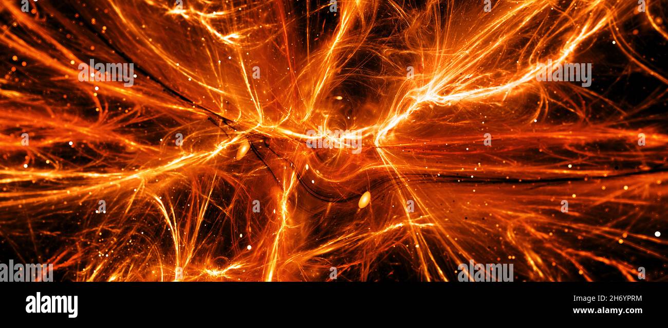 Fiery incandescente vibrante energia interstellare campi forza banner, materia, antimateria materia scura ed energia scura, astratto sfondo frattale, computer g Foto Stock
