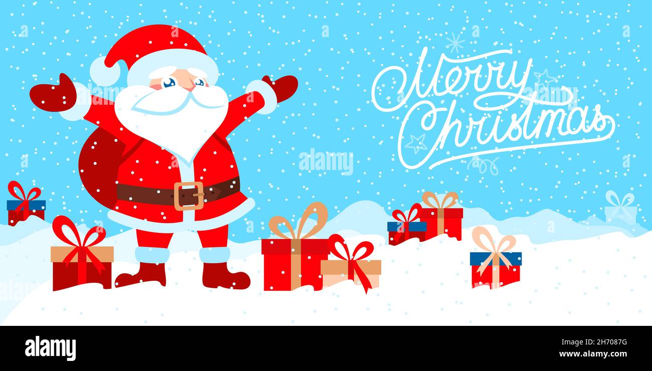 Carino Babbo Natale Babbo Natale Cartoon Flat Babbo Natale Banner. Tema di Natale elementi di disegno isolati. Illustrazione Vettoriale