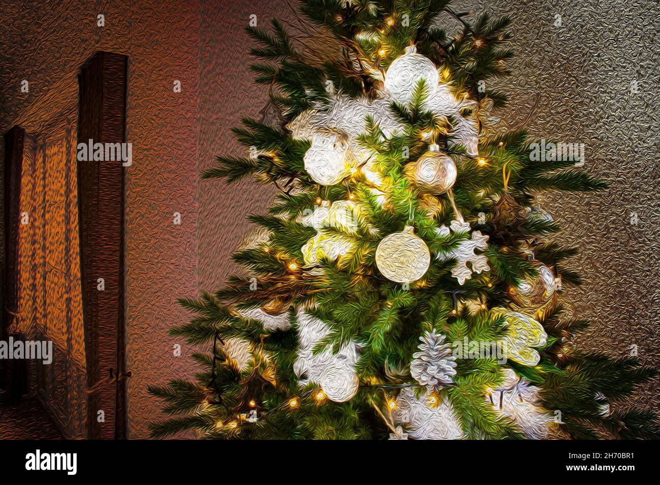 Dipinto ad olio di elegante albero di Natale a casa. Foto Stock