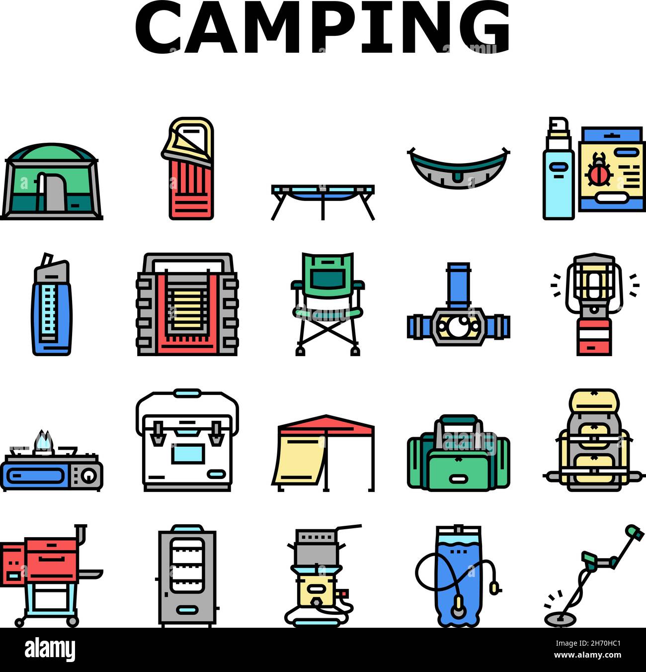 Attrezzatura da campeggio e accessori icone Set Vector Immagine e  Vettoriale - Alamy