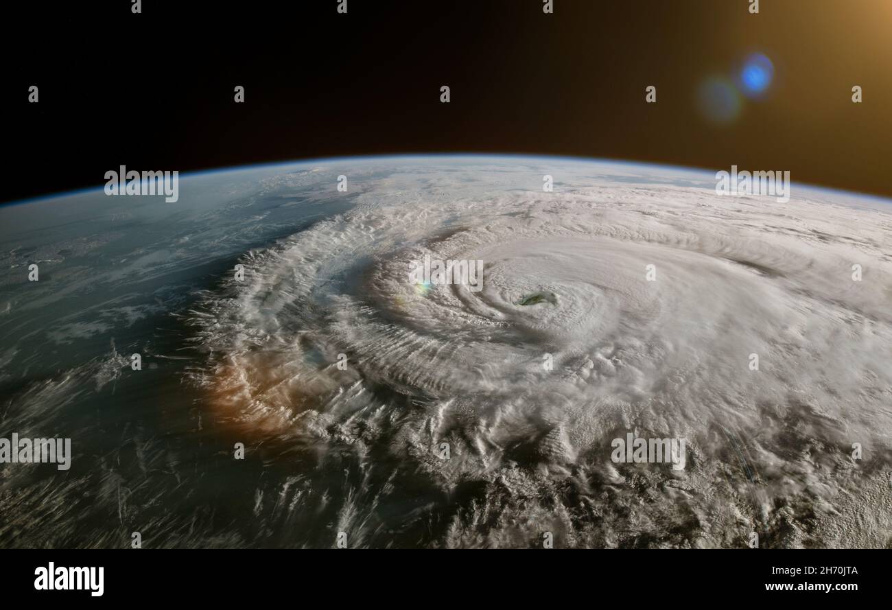 Immagine satellitare di una tempesta tropicale - uragano, ciclone o tifone. Concetto di cambiamento climatico. Elementi di questa immagine forniti dalla NASA. Foto Stock